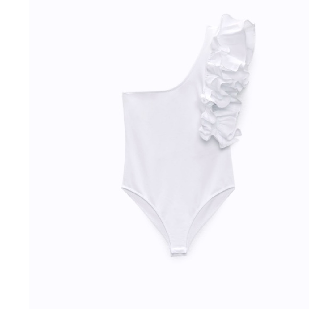 Zara white Ruffle Asymmetric Bodysuit - Picture 4 of 7